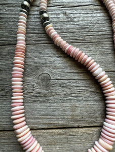 Long Southwestern Sterling Silver Graduated Pink Conch Bead Necklace. 30 Inch