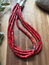 Load image into Gallery viewer, Sterling Silver Multi Strand Red Coral Pearls Bead Necklace 22 Inch