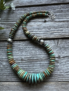 Sterling Silver Graduated Green Turquoise Bead Necklace. 18 inch