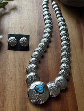 Load image into Gallery viewer, Navajo Sterling Silver Turquoise Stamped Pillow Beads Bead Necklace Earrings 22”