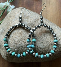 Load image into Gallery viewer, Southwestern Sterling Silver Turquoise Pearls Bead Hoop Earrings. Gift 3.25 Inch