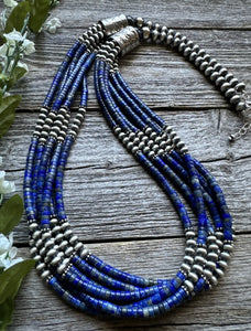 Sterling Silver Multi Strand Lapis W Pearls Bead Necklace. 28 inch