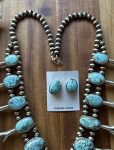 Navajo Sterling Silver White Water Turquoise Squash Blossom Pearls Necklace G