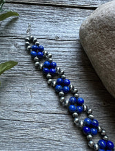 Load image into Gallery viewer, Floral Sterling Silver Blue Lapis Pearls Bead Bracelet. 7 Inch