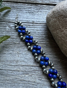 Floral Sterling Silver Blue Lapis Pearls Bead Bracelet. 7 Inch