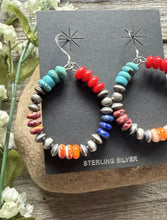 Load image into Gallery viewer, Southwestern 925 Sterling Silver Multi Stone Pearls Hoop Earrings.