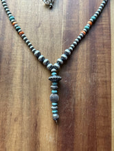 Load image into Gallery viewer, Sterling Silver Spiny Oyster Turquoise Pearls Lariat Y Bead Necklace. 28 inch