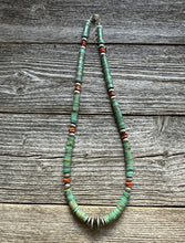 Load image into Gallery viewer, Mens Sterling Silver Green Turquoise Heishi Spiny Bead Necklace. 18 inch