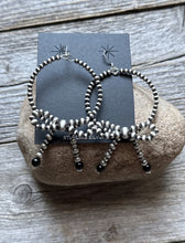 Load image into Gallery viewer, Sterling Silver Bow Black Onyx Pearls Hoop Bead Earrings 3.5 Inch