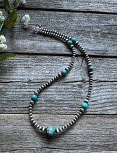 Load image into Gallery viewer, Southwestern Sterling Silver Turquoise 4mm Pearls Bead Necklace. 24 Inch. Gift