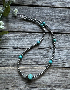 Southwestern Sterling Silver Turquoise 4mm Pearls Bead Necklace. 24 Inch. Gift