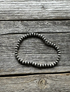 4mm 7 Inch Stretch Sterling Silver Oxidized Pearls Bead Bracelet Southwestern