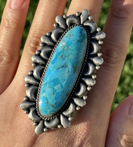 Native American 925 Sterling Silver Turquoise Ring. Size 8. Signed Gift