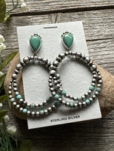 Load image into Gallery viewer, Navajo 925 Sterling Silver Turquoise Pearl Double Loop Earrings. 2.75 Inch AP