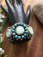 Load image into Gallery viewer, Native American Sterling Silver Palomino Turquoise Cluster Cuff Bracelet. RY