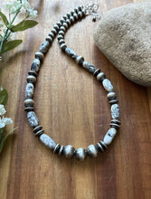 Load image into Gallery viewer, Sterling Silver White Buffalo Turquoise Nuggets W Pearls Bead Necklace. 18 inch
