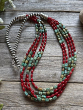 Load image into Gallery viewer, Sterling Silver Multi Strand Blue Green Turquoise Coral Pearls Bead Necklace 30”