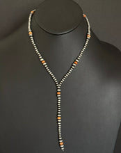 Load image into Gallery viewer, Sterling Silver Orange Spiny Oyster W Pearls Bead Lariat Y Necklace. 26 inch