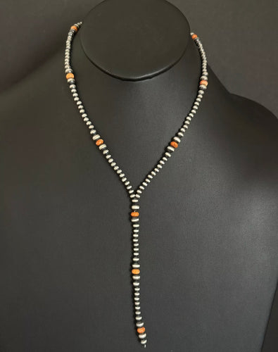 Sterling Silver Orange Spiny Oyster W Pearls Bead Lariat Y Necklace. 26 inch