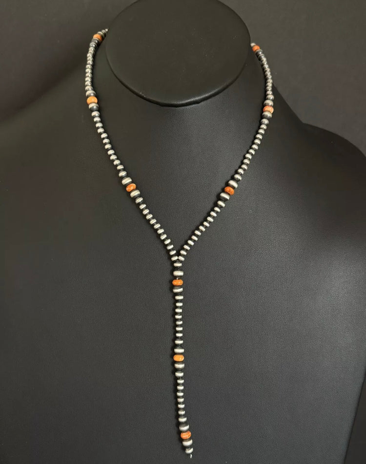 Sterling Silver Orange Spiny Oyster W Pearls Bead Lariat Y Necklace. 26 inch