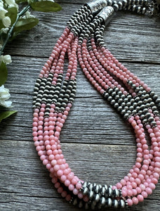 Sterling Silver Multi Strand Pink Coral W Pearls Bead Necklace 24 Inch