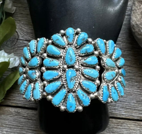 Vintage Pawn Navajo Sterling Silver Blue Turquoise Cluster Cuff Bracelet JW