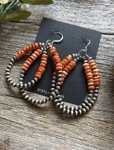 Load image into Gallery viewer, Sterling Silver Double Loop Orange Spiny Oyster Pearls Hoop Earrings.