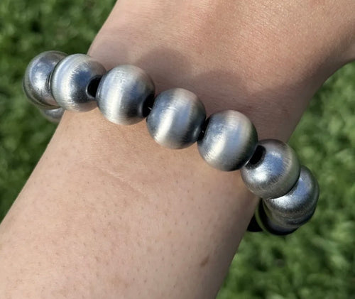 14mm 7 Inch 925 Sterling Silver Oxidized Pearls Bead Bracelet Southwestern