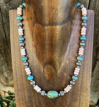 Load image into Gallery viewer, Sterling Silver Pink Conch Turquoise Corrugated Bead Necklace 18 Inch