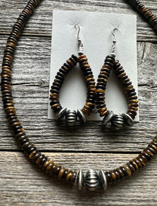 Sterling Silver Tigers Eye Bead Necklace W Earrings Set. Gift 18 Inch