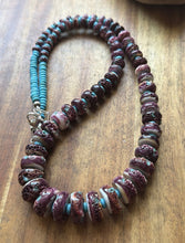 Load image into Gallery viewer, Sterling Silver Graduated Purple Spiny Oyster Turquoise Pearls Bead Necklace 26”