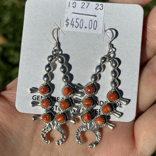 Navajo 925 Sterling Silver Orange Spiny Oyster Squash Blossom Earrings AM