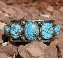 Load image into Gallery viewer, Navajo Sterling Silver Blue Kingman Turquoise Cuff Bracelet. A Albert Jake