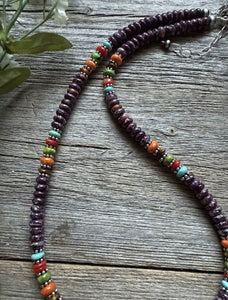 Sterling Silver Purple Spiny Oyster Multi Stone Bead Necklace. 18 inch. Gift