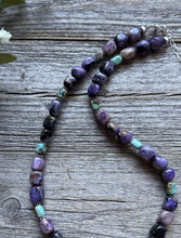 Load image into Gallery viewer, Sterling Silver Charoite Turquoise Bead Necklace. 18 Inch