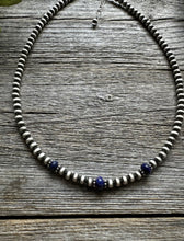 Load image into Gallery viewer, Sterling Silver 4mm Pearls with Lapis Bead Necklace Choker. 14 inch