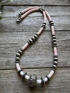 Southwestern Sterling Silver Pink Conch Bead Necklace. 22 Inch