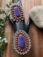 Load image into Gallery viewer, Tonya Rafael Navajo Sterling Silver Purple Charoite Red Coral Cuff Ring Set