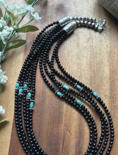 Load image into Gallery viewer, Sterling Silver Multi Strand Black Onyx Turquoise Bead Necklace. 22 Inch