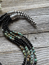 Load image into Gallery viewer, Sterling Silver Multi Strand Black Onyx Turquoise Nuggets Bead Necklace. 24 Inch