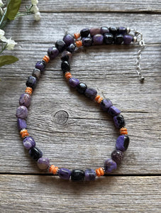 Sterling Silver Charoite Nuggets Orange Spiny Oyster Bead Necklace. 18 Inch