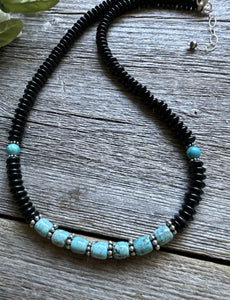 Southwestern 925 Sterling Silver Black Onyx Turquoise Bead Necklace 18 Inch