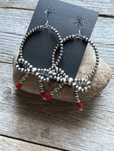 Load image into Gallery viewer, Sterling Silver Bow Red Coral Pearls Hoop Bead Earrings 3.5 Inch