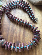 Load image into Gallery viewer, Sterling Silver Graduated Purple Spiny Oyster Turquoise Pearls Bead Necklace 34”
