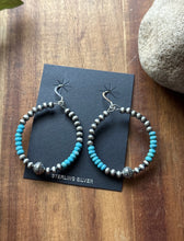 Load image into Gallery viewer, Sterling Silver Blue Turquoise Bead W Pearls Loop Hoop Earrings.