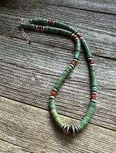 Load image into Gallery viewer, Mens Sterling Silver Green Turquoise Heishi Spiny Bead Necklace. 18 inch