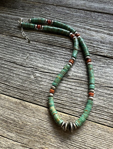 Mens Sterling Silver Green Turquoise Heishi Spiny Bead Necklace. 18 inch