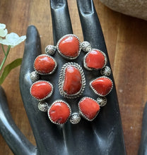 Load image into Gallery viewer, Navajo Native American Sterling Silver Red Coral Cluster Adjustable Ring. T Jon