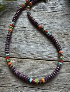 Sterling Silver Purple Spiny Oyster Multi Stone Bead Necklace. 18 inch. Gift