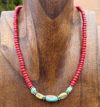 Load image into Gallery viewer, Sterling Silver Red Coral Turquoise Nuggets Bead Necklace 18 inch